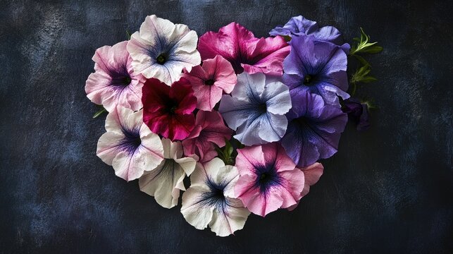 Pastel petunia blooms arranged into an abstract heart shape against a backdrop of dark slate grey
