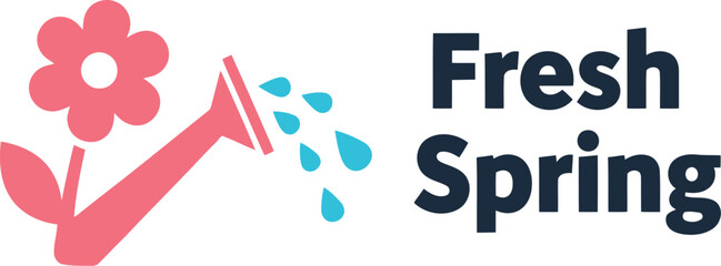 Fresh spring text, flower and watering can icon illustration