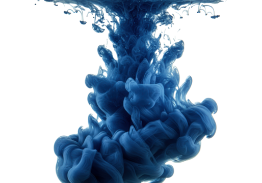 volumetric cloud of deep cerulean and indigo ink with fine particulate matter dispersing gracefully in pristine water, extreme macro, white background. concept of abstract fluid physics