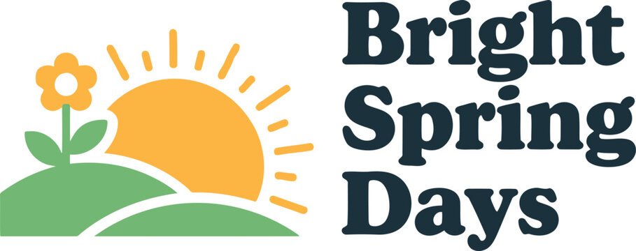 Cheerful spring season logo with sun, green hills, and blooming flower