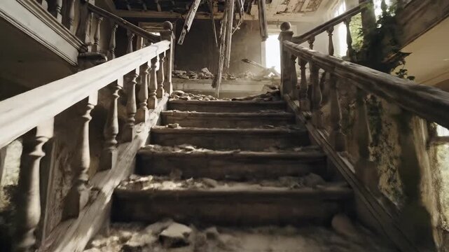 Interior staircase decay overgrown abandoned architecture ruin