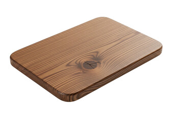 Rectangular wooden cutting board with prominent grain and knot detail, isolated on transparent background for food preparation or serving