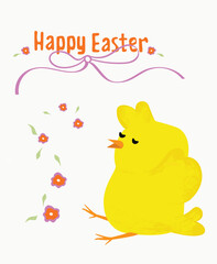Happy Easter Day, card design with cute funny chicken . Spring holiday postcard with baby bird, yellow chick. Flat vector illustration isolated on white