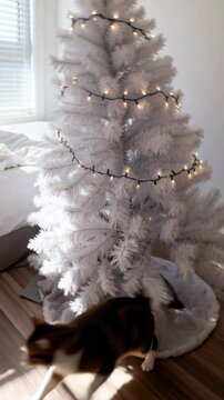 cat leaps towards white Christmas tree indoors, evoking playfulness and holiday spirit,cat knocks over a Christmas tree, a funny incident., winter celebration, Christmas