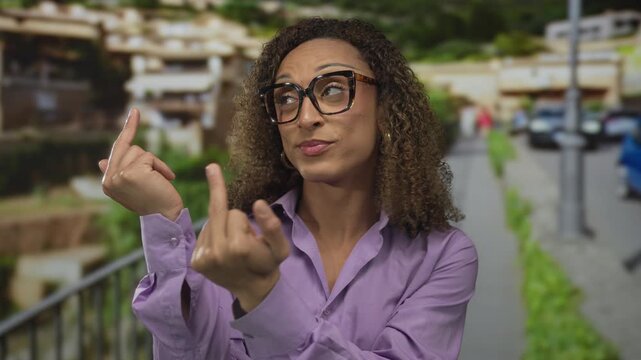 Trans woman raising middle finger at camera on street near sidewalk railing amid blurred city buildings; defiance.
