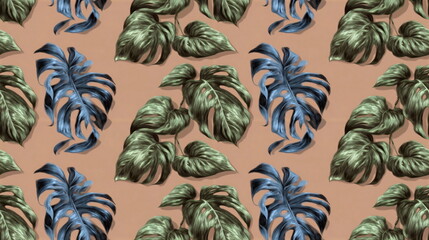 Seamless pattern from glossy tropical plant elements like monstera and palm fronds. Objects isolated on a light brown background. Soft drop shadows.