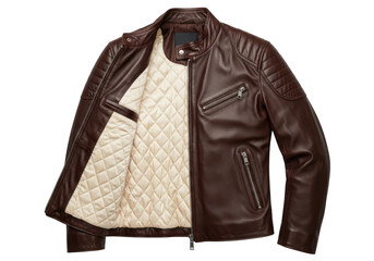 Stylish dark brown leather motorcycle jacket with quilted lining, open to show interior detail, isolated on transparent background
