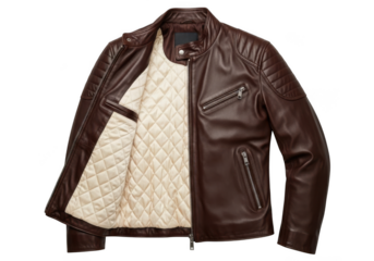 Stylish dark brown leather motorcycle jacket with quilted lining, open to show interior detail, isolated on transparent background