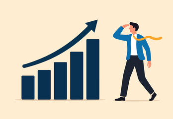  Business growth graph and chart, investment profit increase, return or earning rising up, upward trend or boost business growth, businessman look at bar chart with rising up improvement diagram.