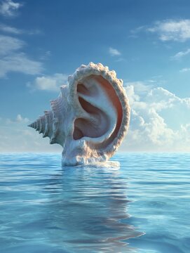 Surreal fusion: Ear-shaped seashell emerges from serene, blue waters.