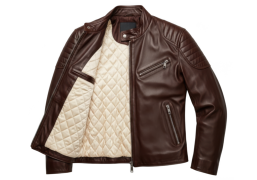 Stylish dark brown leather motorcycle jacket with quilted lining, open to show interior detail, isolated on transparent background