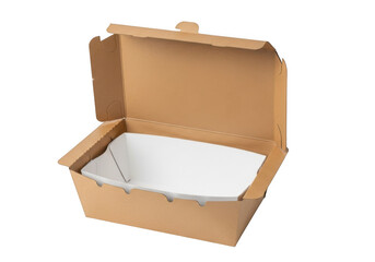 Open brown cardboard takeout food container with white insert, isolated on transparent background