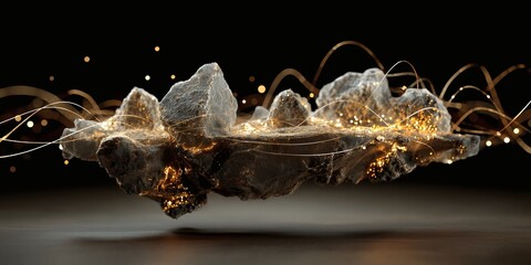 An artful arrangement of rock with golden tendrils, against black.