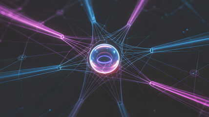 Glowing purple and blue neuron with vibrant connections on dark background neural network concept