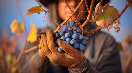 Asian female farmer hands a pair of pruning shears, harvesting plump black grapes hanging in dusky clusters. The vine canopy glows amber. Harvesting.