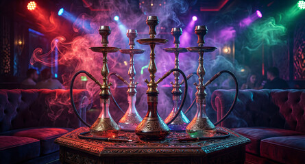 Five Smoking Luxury Hookahs on Beautiful Table in Hookah Lounge. Premium Social Atmosphere.

