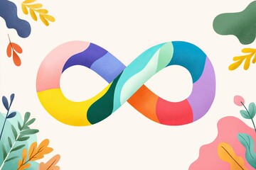 Colorful infinity symbol illustration surrounded by vibrant leaves and floral elements, representing autism acceptance and inclusivity in a cheerful and artistic manner
