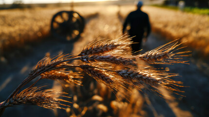 Close up photo of a golden wheat sways under the breeze. Elderly farmer walks between rows, hands brushing ripe heads of grain under the setting sun.