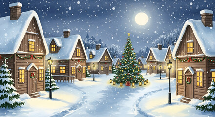 Fototapeta premium Cozy winter village scene illustration at night with snow falling decorated tree and warm glowing windows