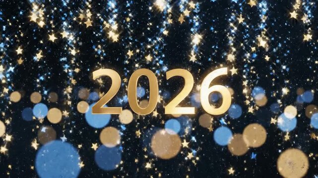 Year 2026 displayed with sparkles and bokeh effect on black background