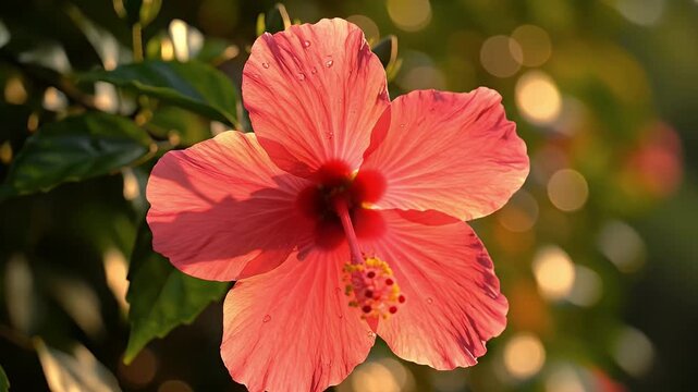 Hibiscus flower in bloom pink petals yellow stigma dew drops green leaves bokeh background warm lighting