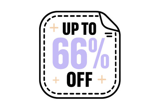 Promotional sticker with dashed border showing a sixty-six percent discount offer for sales