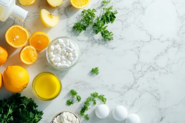 A variety of fresh fruits and vegetables arranged on a marble countertop with natural light enhancing their vibrant colors.