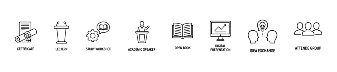 An event icon set with visuals for sessions, workshops, keynote talks, and collaborative discussions.