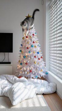 cat knocks over a Christmas tree, a funny incident, white cat relaxes on cloud pillow near festive Christmas tree, casting warm light, creating cozy and playful winter scene,  modern decor, Christmas,