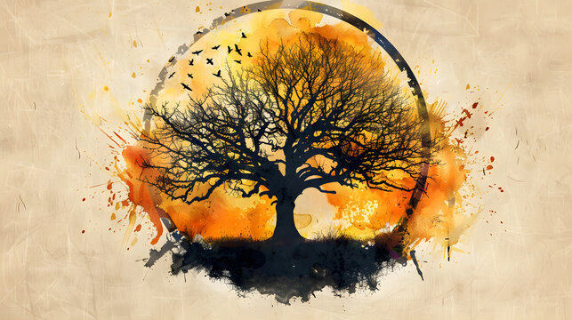 Silhouette of Bare Tree within Circle with Birds and Splatter Art