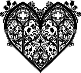 Elegant gothic heart design with floral accents, perfect for weddings, invitations, or romantic themes, timeless and intricate artwork created from vector graphics