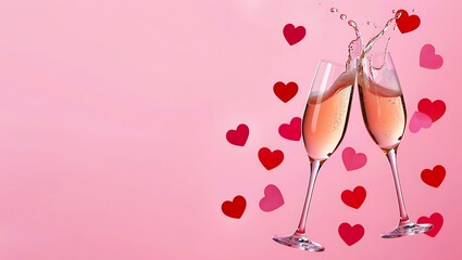 Two clinking champagne glasses with splashing rosé wine and heart confetti on pink background for Valentine's Day celebration