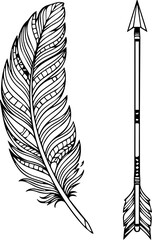 Intricate boho feather and arrow design element for creative projects, add a touch of free-spirited style to your designs with this unique tribal illustration