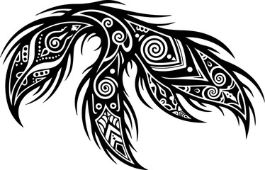 Tribal feather with intricate swirling patterns, perfect for tattoo designs, fashion prints, or creative branding projects offering a modern edge