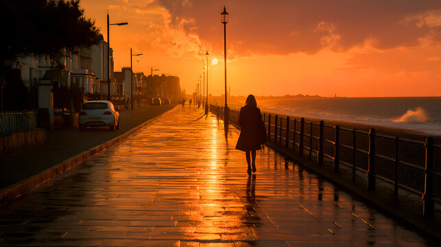 Woman walking on wet promenade at sunset with orange sky - Powered by Adobe