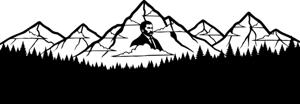Inspiring mountain vista with a vintage portrait emerging from the clouds, perfect for adventure brands and motivational campaigns, originally a vector graphic