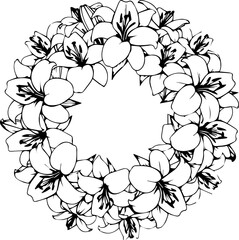 Elegant floral wreath design with delicate lilies, perfect for wedding invitations, stationery, and sophisticated branding projects. Graceful floral border.