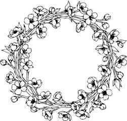 Delicate floral wreath with open blossoms and buds, perfect for invitations, spring designs, or elegant botanical accents; a timeless, nature-inspired flourish