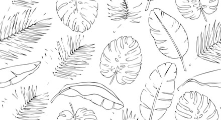 Delicate tropical leaf outlines create a modern botanical pattern, perfect for minimalist designs and serene nature themes, scalable vector graphic