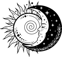 Celestial harmony with sun and moon illustration, mystical design for spiritual brands, astrology, and bohemian art projects, a dreamy celestial emblem
