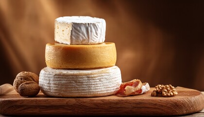 tower of gourmet cheeses on wooden board close up still life artisanal rustic style brown and white tones selective focus culinary presentation