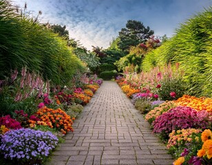 vibrant blooms line a garden path