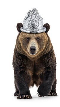 bear wearing a tinfoil hat, paranoid, paranoia, on a white background, animal photo