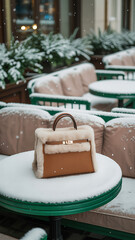 Luxury handbag on a snowy outdoor cafe table