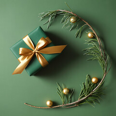 Elegant green gift box with gold ribbon and pine garland