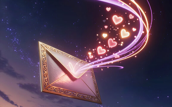 Magical glowing love letter envelope floating in starry night sky, fantasy flying hearts with light trails, romantic valentine message, gold border, digital art, for wallpaper, banner. - Powered by Adobe