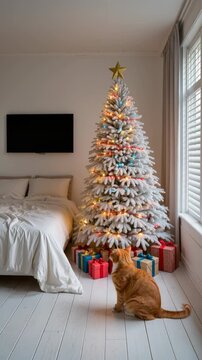 cat want to knocks over a Christmas tree, a funny incident, cat gazes up at white Christmas tree with colorful lights and golden star in modern bedroom, evoking warm, joyful family moment