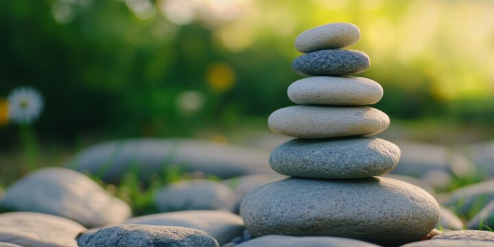 Zen rocks stacked in harmony with nature's elements.
