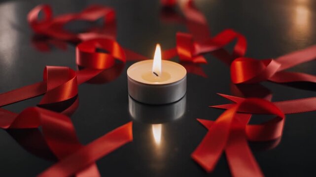 A lit candle surrounded by red ribbons on a dark reflective surface, symbolizing World AIDS Day. Perfect for awareness campaigns, health promotions, and educational materials.