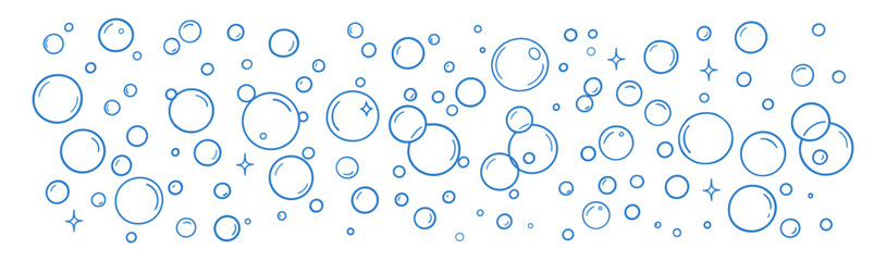 Soap bubbles doodle border. Water foam fizz and sparkle illustration on transparent background